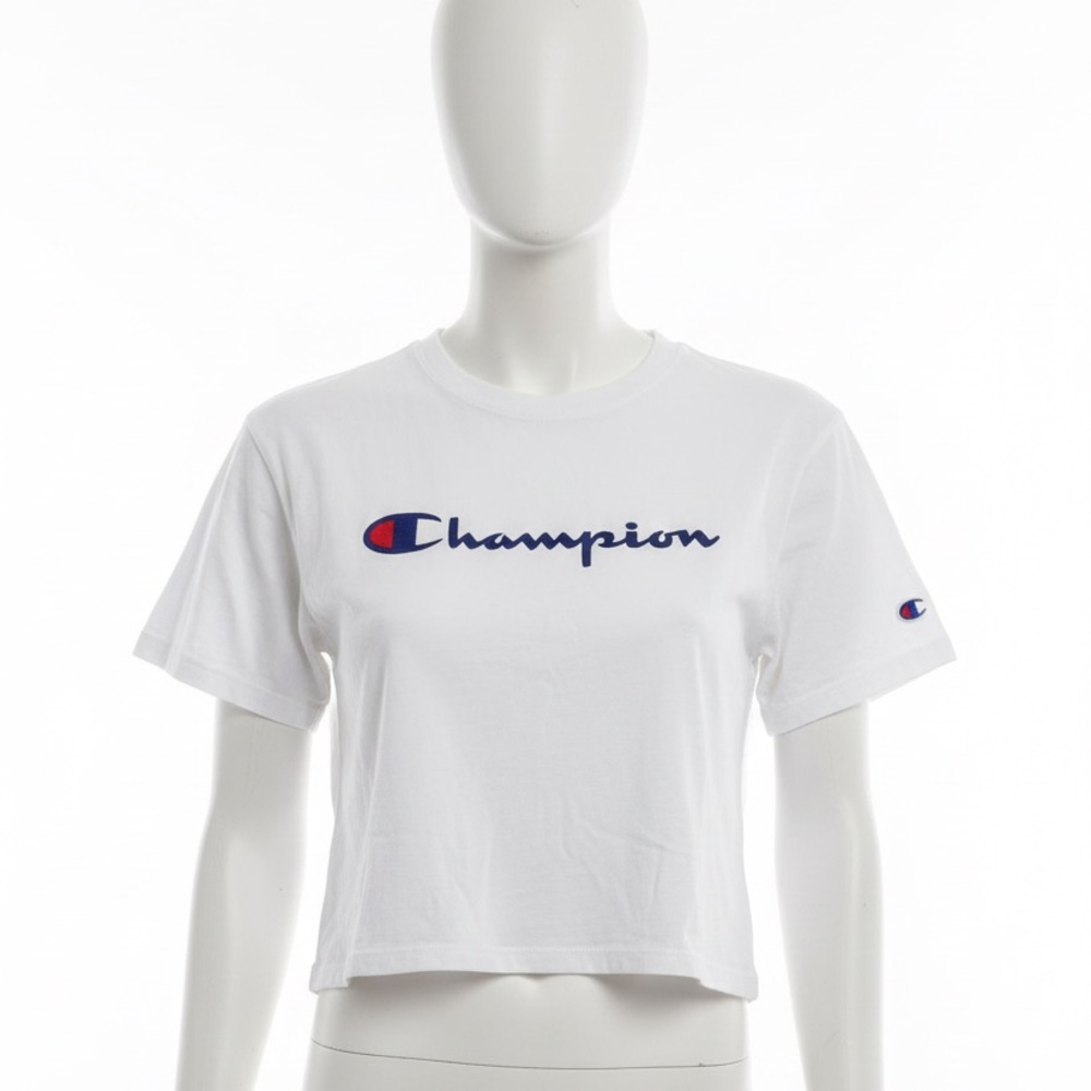 Champion Heritage Crop T-Shirt White Blue Script Logo Activewear Medium